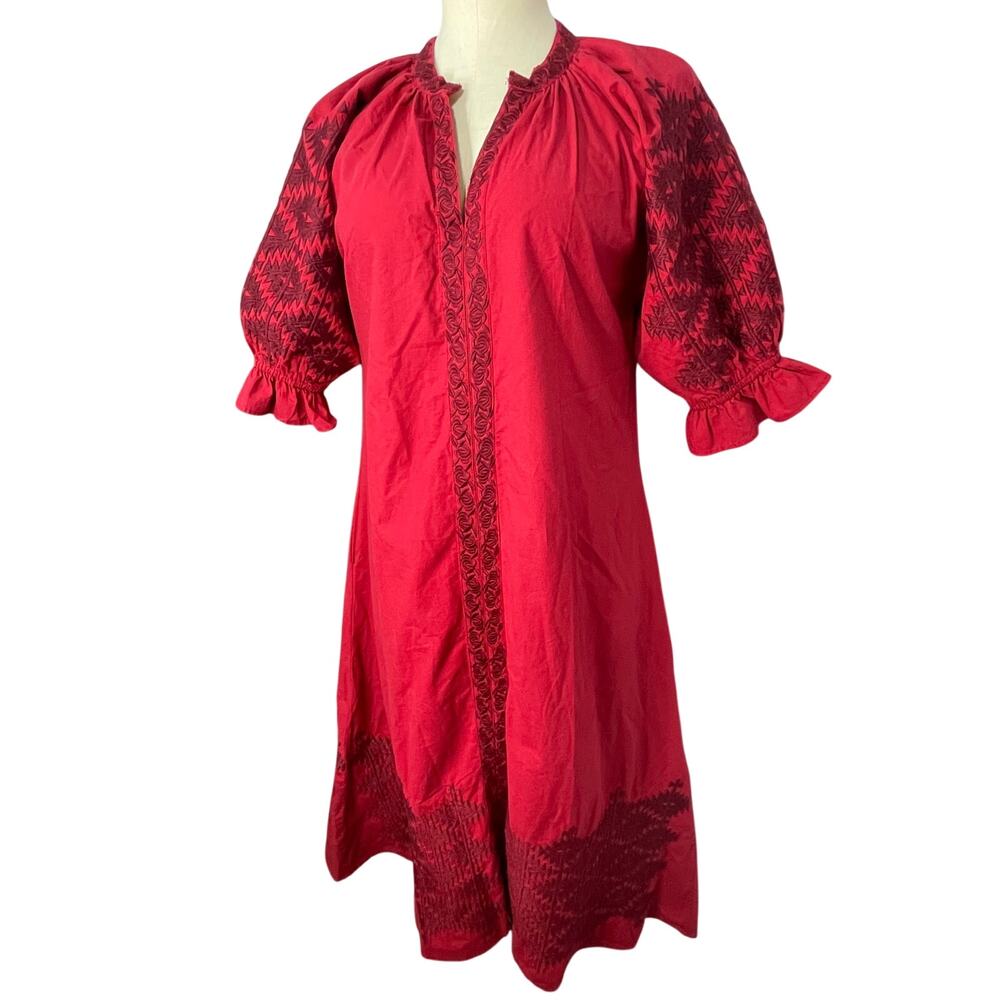 Julia Amory Coatue Red Embroidered Cotton Caftan Dress Medium Midi Boho Resort